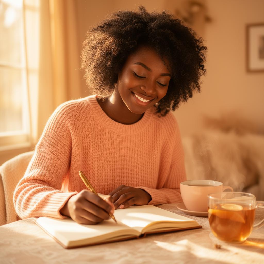 Black woman smiling while journaling at a sunlit table with a cup of tea.