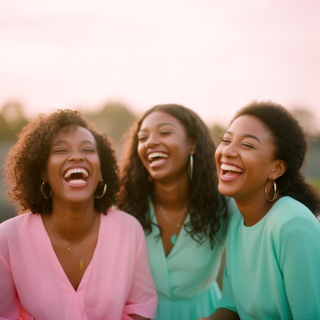 Three Black women laughing together at golden hour — black girl power friendship.