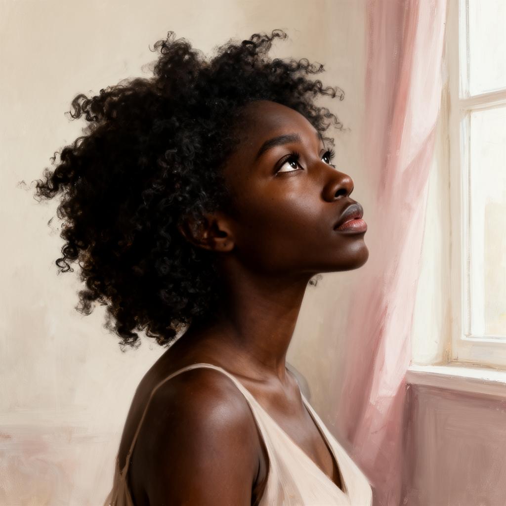 Painterly portrait of a Black woman with natural curls looking toward soft window light.