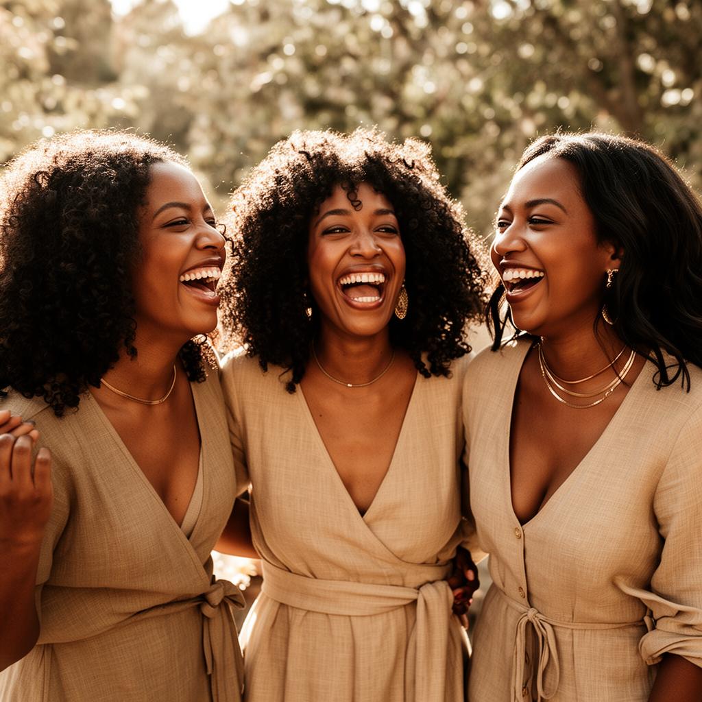 Three Black women laughing together in golden hour light