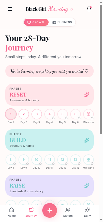 Black Girl Maxxing app 28-day journey screen showing Reset, Build and Raise phases