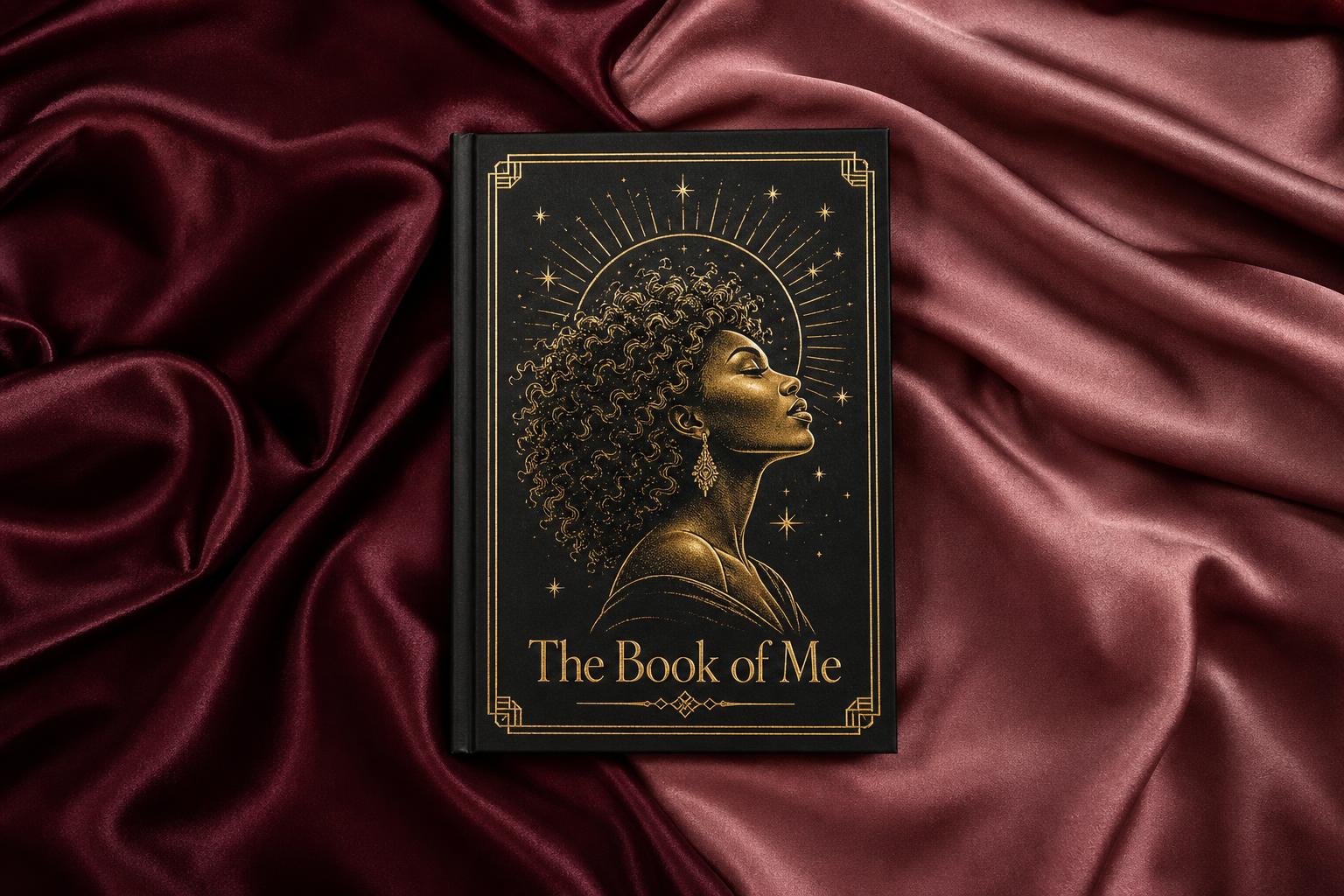 The Book of Me — a sacred journal with gold-foil illustration of a Black woman crowned in light